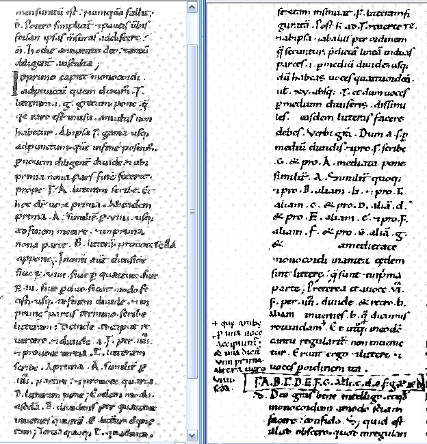 Paris, Fonds Latin 7211, f.107v and 107r, pseudo-Odo _dialogus_ chapter 2, showing division of monochord and first use of Roman letter nominals modulo-7