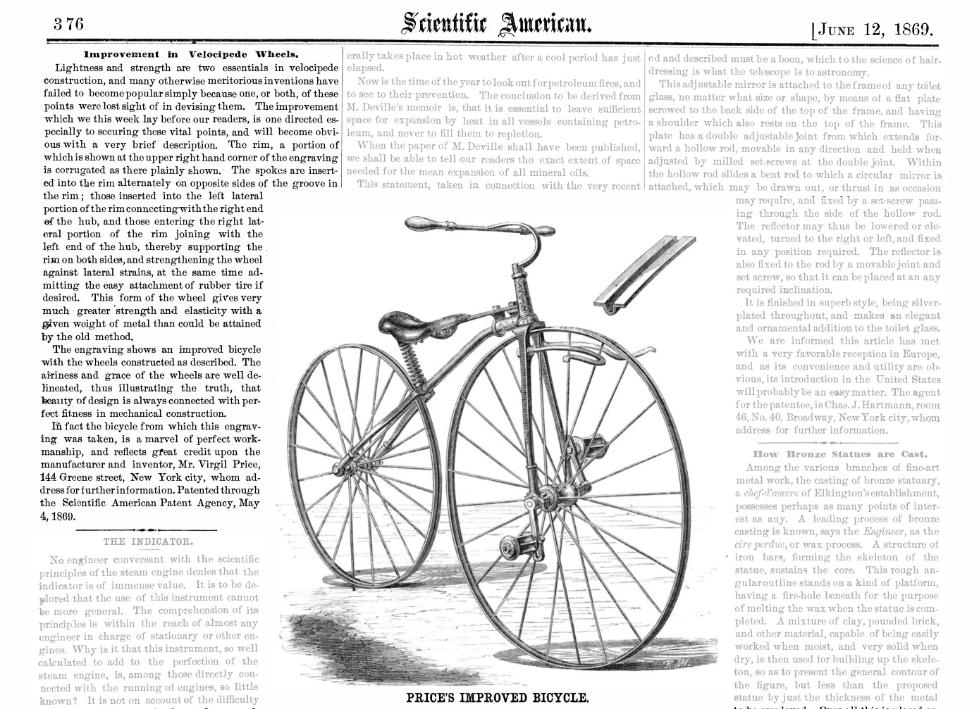 Price's Improved Bicycle, Scientific American 1869-0612